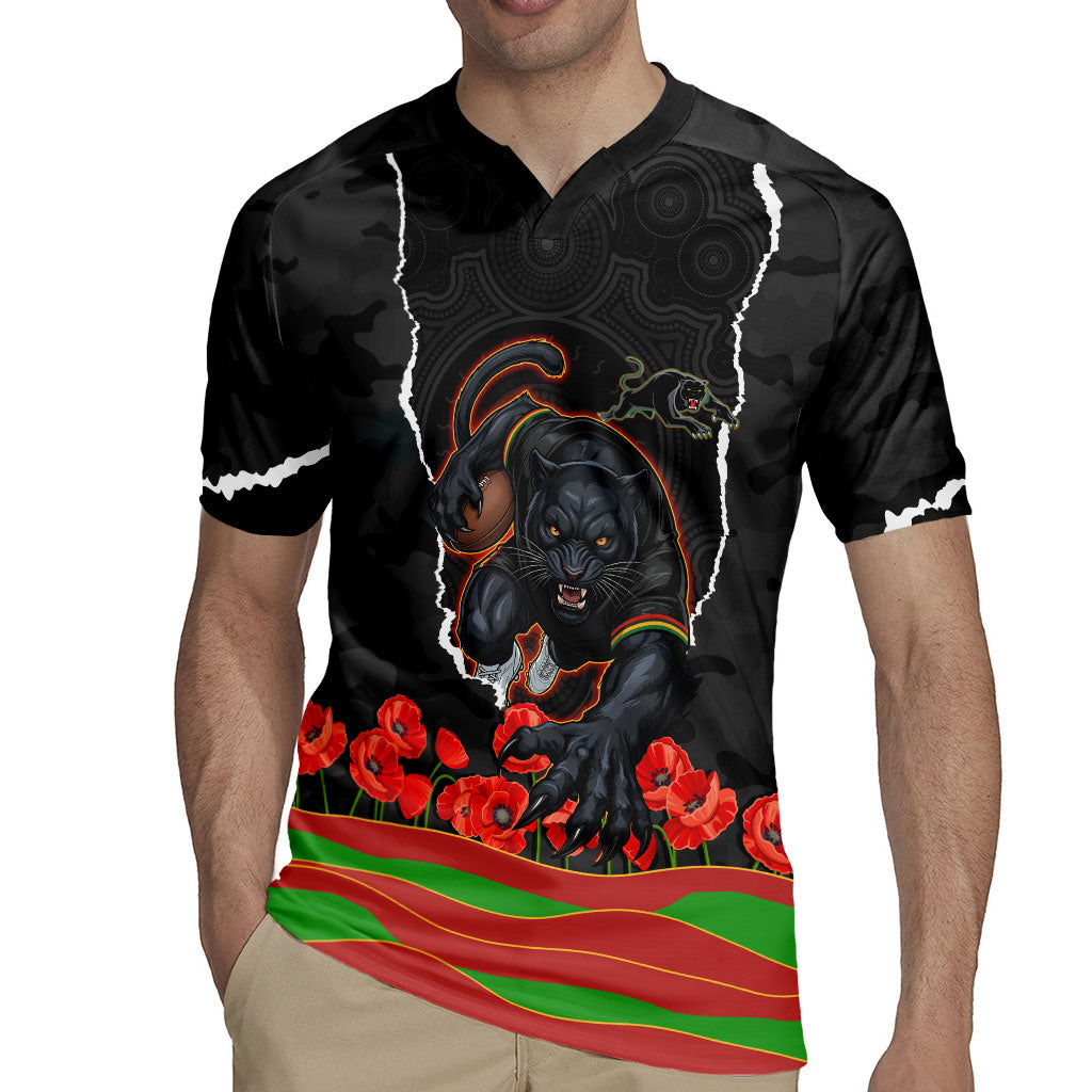 Personalized Penrith Panthers ANZAC Tribute Rugby Jersey Poppy Field Soldier Silhouette Aboriginal Rugby Mascot