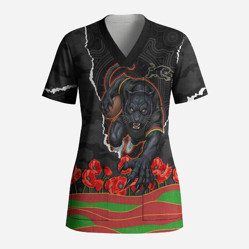 Personalized Penrith Panthers ANZAC Tribute Scrub Top Poppy Field Soldier Silhouette Aboriginal Rugby Mascot
