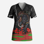 Personalized Penrith Panthers ANZAC Tribute Scrub Top Poppy Field Soldier Silhouette Aboriginal Rugby Mascot