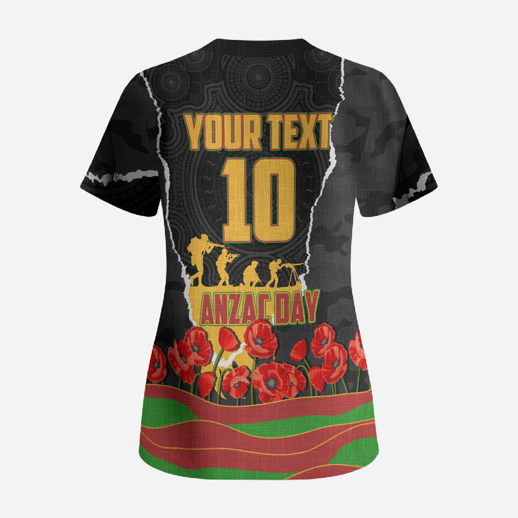 Personalized Penrith Panthers ANZAC Tribute Scrub Top Poppy Field Soldier Silhouette Aboriginal Rugby Mascot