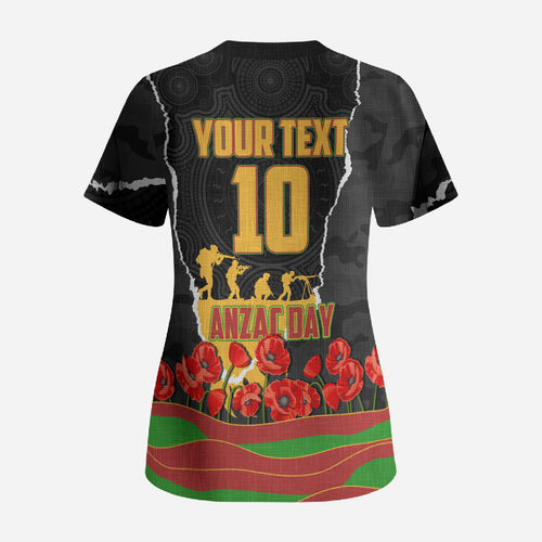 Personalized Penrith Panthers ANZAC Tribute Scrub Top Poppy Field Soldier Silhouette Aboriginal Rugby Mascot