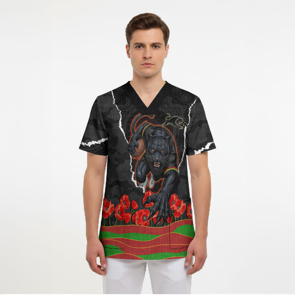 Personalized Penrith Panthers ANZAC Tribute Scrub Top Poppy Field Soldier Silhouette Aboriginal Rugby Mascot