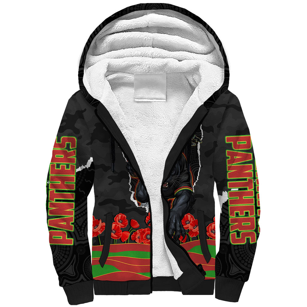 Personalized Penrith Panthers ANZAC Tribute Sherpa Hoodie Poppy Field Soldier Silhouette Aboriginal Rugby Mascot