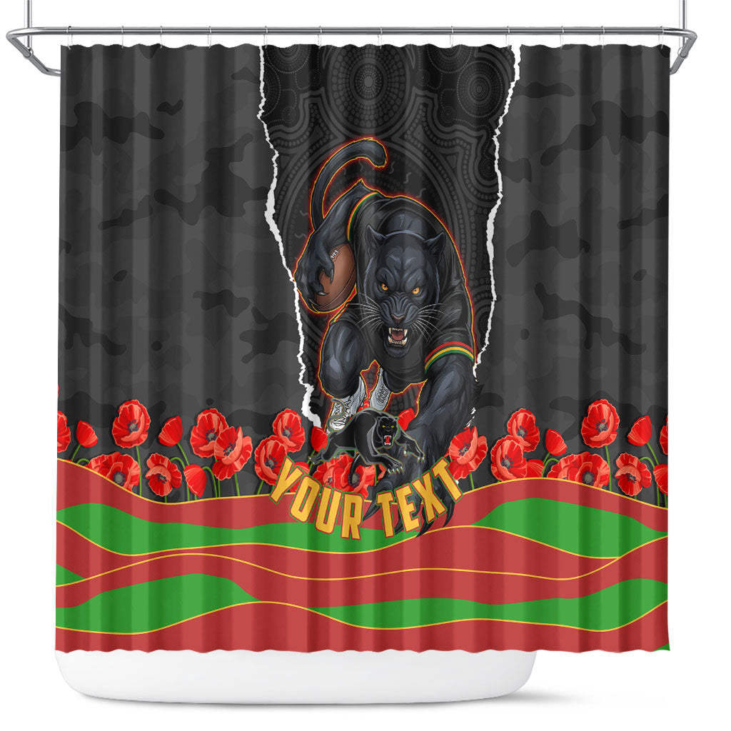 Personalized Penrith Panthers ANZAC Tribute Shower Curtain Poppy Field Soldier Silhouette Aboriginal Rugby Mascot
