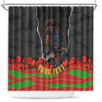 Personalized Penrith Panthers ANZAC Tribute Shower Curtain Poppy Field Soldier Silhouette Aboriginal Rugby Mascot