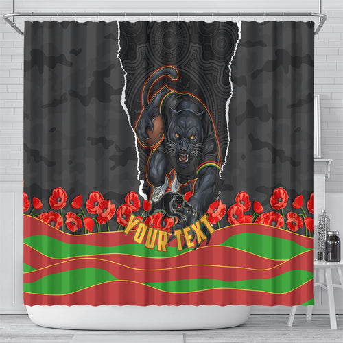 Personalized Penrith Panthers ANZAC Tribute Shower Curtain Poppy Field Soldier Silhouette Aboriginal Rugby Mascot