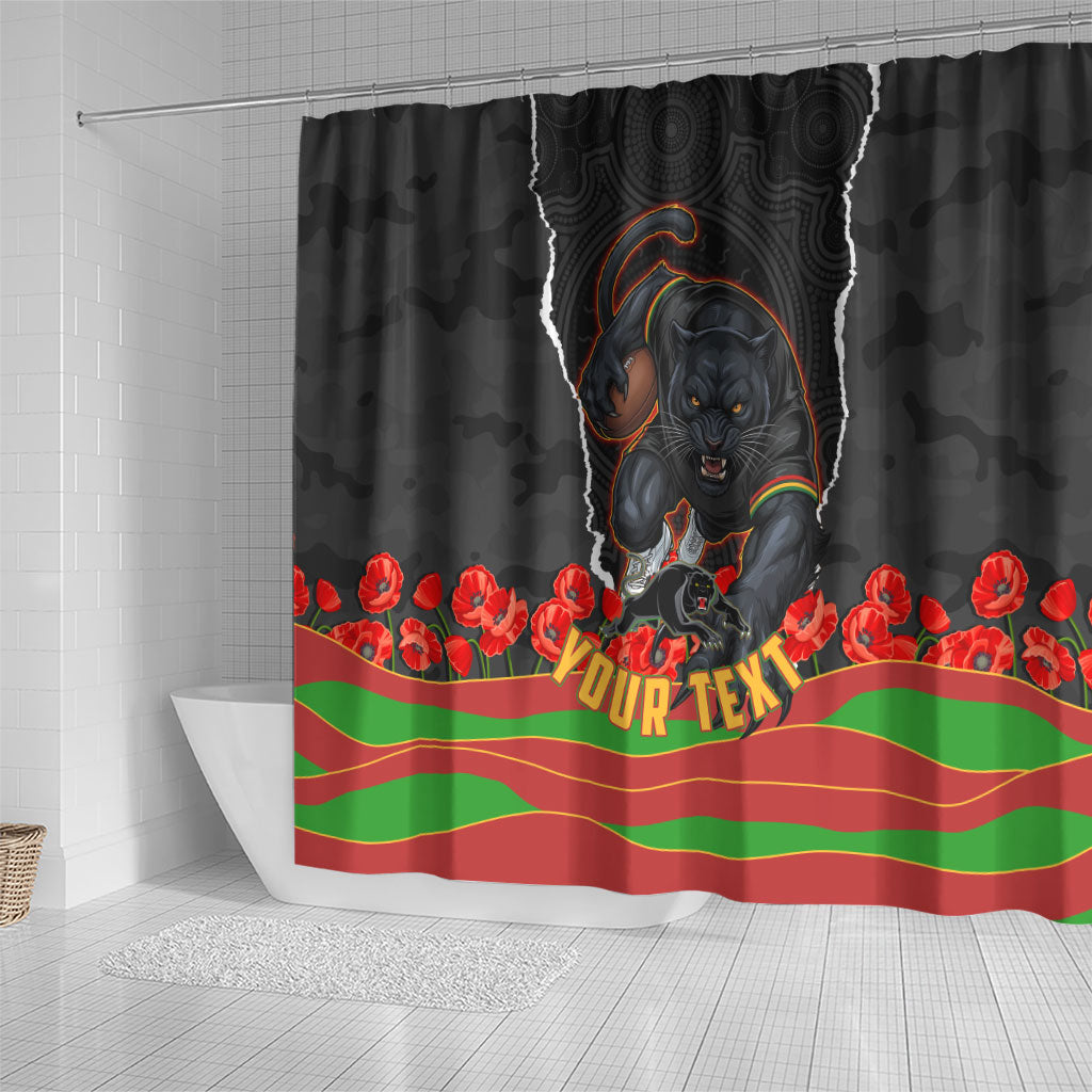 Personalized Penrith Panthers ANZAC Tribute Shower Curtain Poppy Field Soldier Silhouette Aboriginal Rugby Mascot