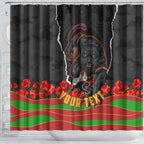 Personalized Penrith Panthers ANZAC Tribute Shower Curtain Poppy Field Soldier Silhouette Aboriginal Rugby Mascot