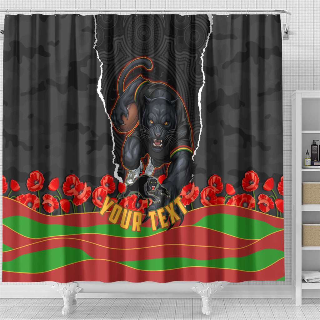 Personalized Penrith Panthers ANZAC Tribute Shower Curtain Poppy Field Soldier Silhouette Aboriginal Rugby Mascot