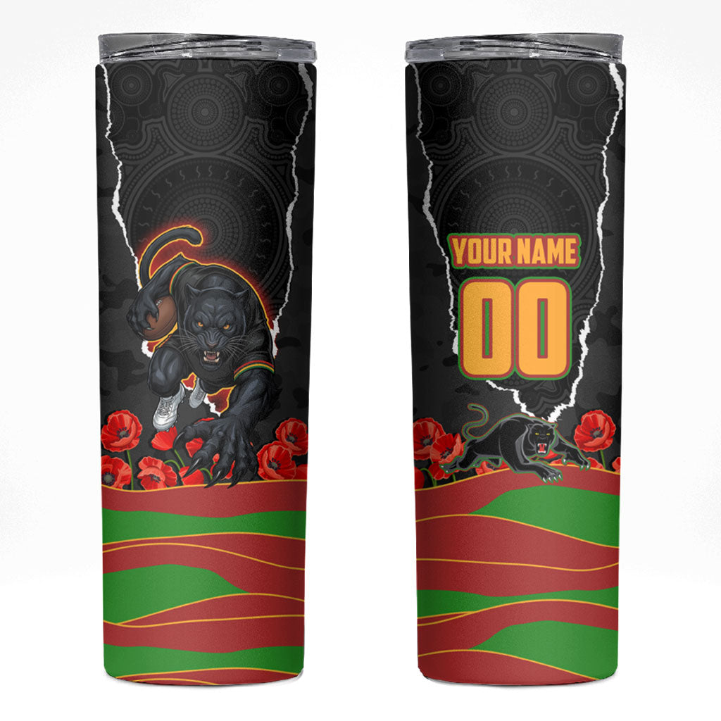 Personalized Penrith Panthers ANZAC Tribute Skinny Tumbler Poppy Field Soldier Silhouette Aboriginal Rugby Mascot