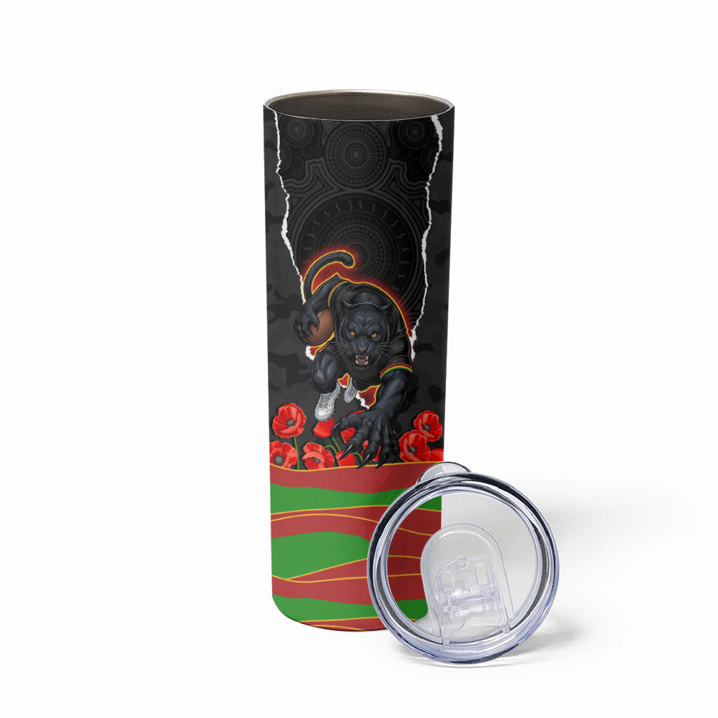 Personalized Penrith Panthers ANZAC Tribute Skinny Tumbler Poppy Field Soldier Silhouette Aboriginal Rugby Mascot