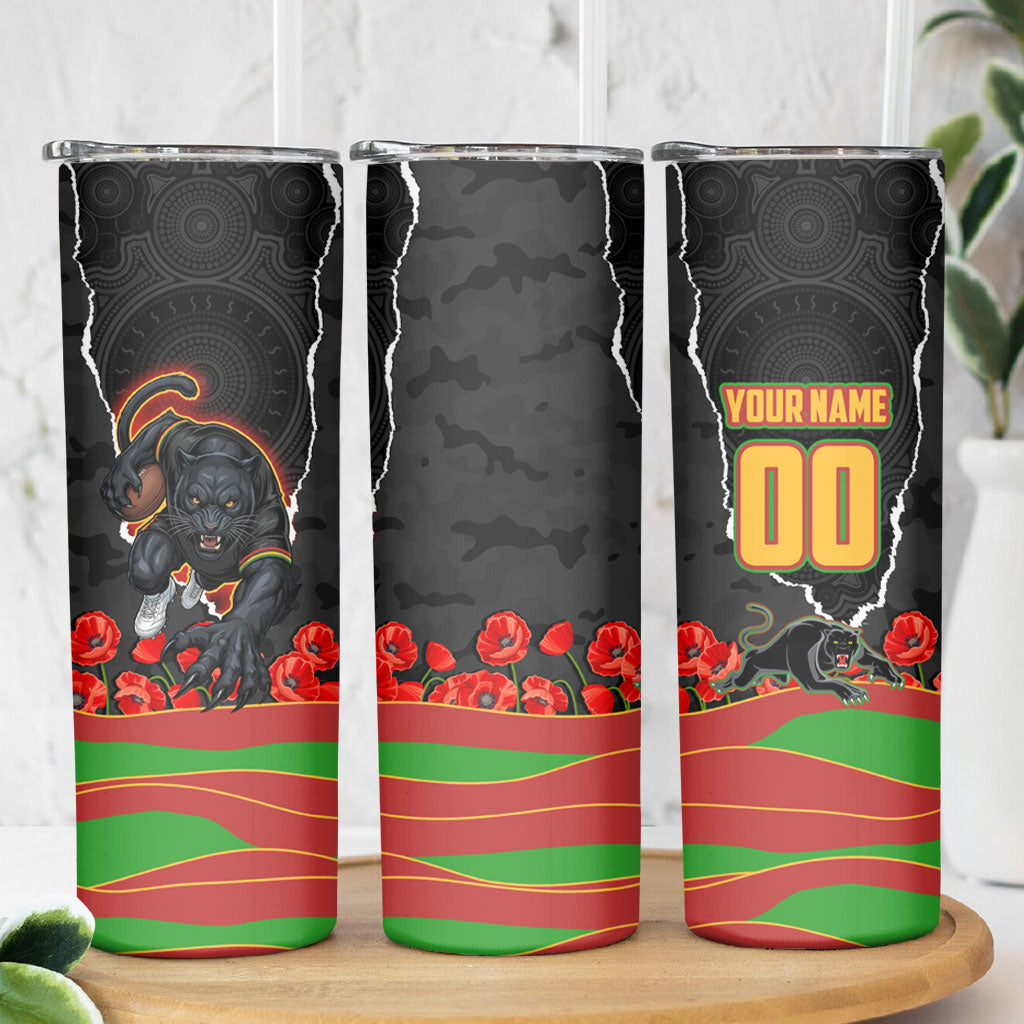 Personalized Penrith Panthers ANZAC Tribute Skinny Tumbler Poppy Field Soldier Silhouette Aboriginal Rugby Mascot
