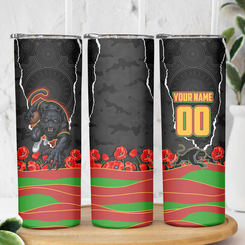 Personalized Penrith Panthers ANZAC Tribute Skinny Tumbler Poppy Field Soldier Silhouette Aboriginal Rugby Mascot
