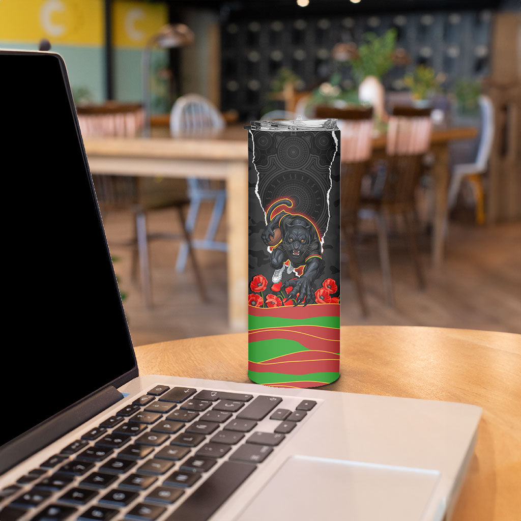 Personalized Penrith Panthers ANZAC Tribute Skinny Tumbler Poppy Field Soldier Silhouette Aboriginal Rugby Mascot