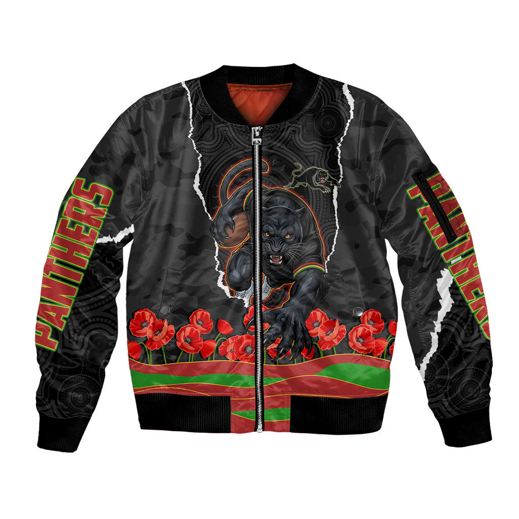 Personalized Penrith Panthers ANZAC Tribute Sleeve Zip Bomber Jacket Poppy Field Soldier Silhouette Aboriginal Rugby Mascot