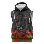 Personalized Penrith Panthers ANZAC Tribute Sleeveless Hoodie Poppy Field Soldier Silhouette Aboriginal Rugby Mascot