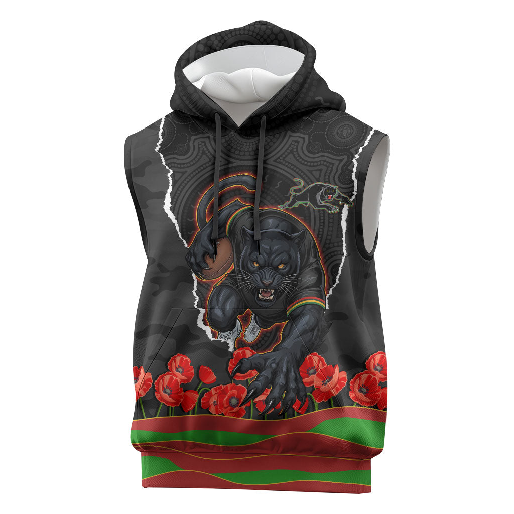 Personalized Penrith Panthers ANZAC Tribute Sleeveless Hoodie Poppy Field Soldier Silhouette Aboriginal Rugby Mascot