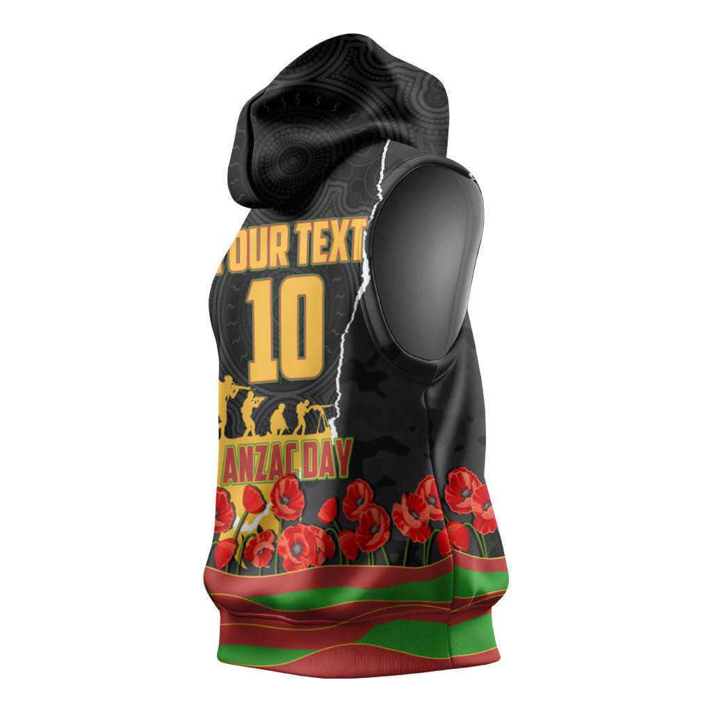 Personalized Penrith Panthers ANZAC Tribute Sleeveless Hoodie Poppy Field Soldier Silhouette Aboriginal Rugby Mascot