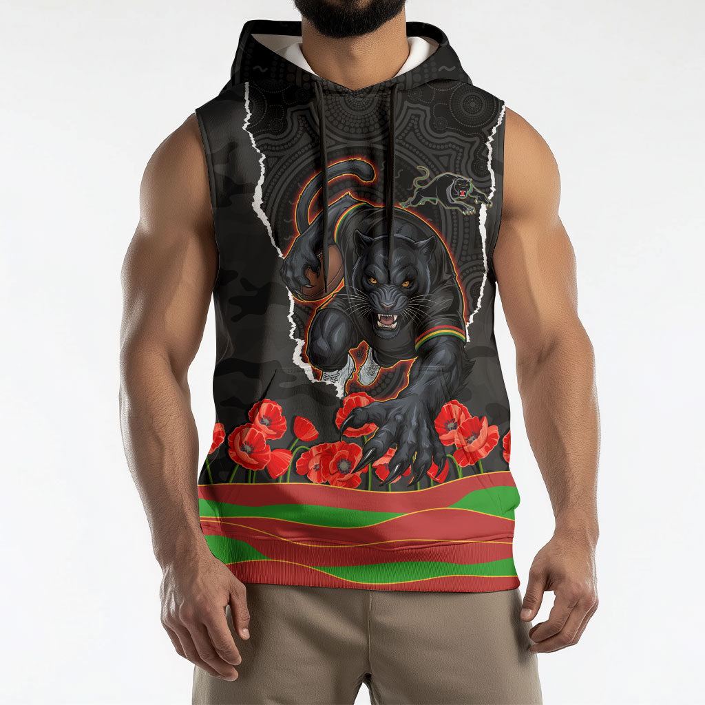 Personalized Penrith Panthers ANZAC Tribute Sleeveless Hoodie Poppy Field Soldier Silhouette Aboriginal Rugby Mascot