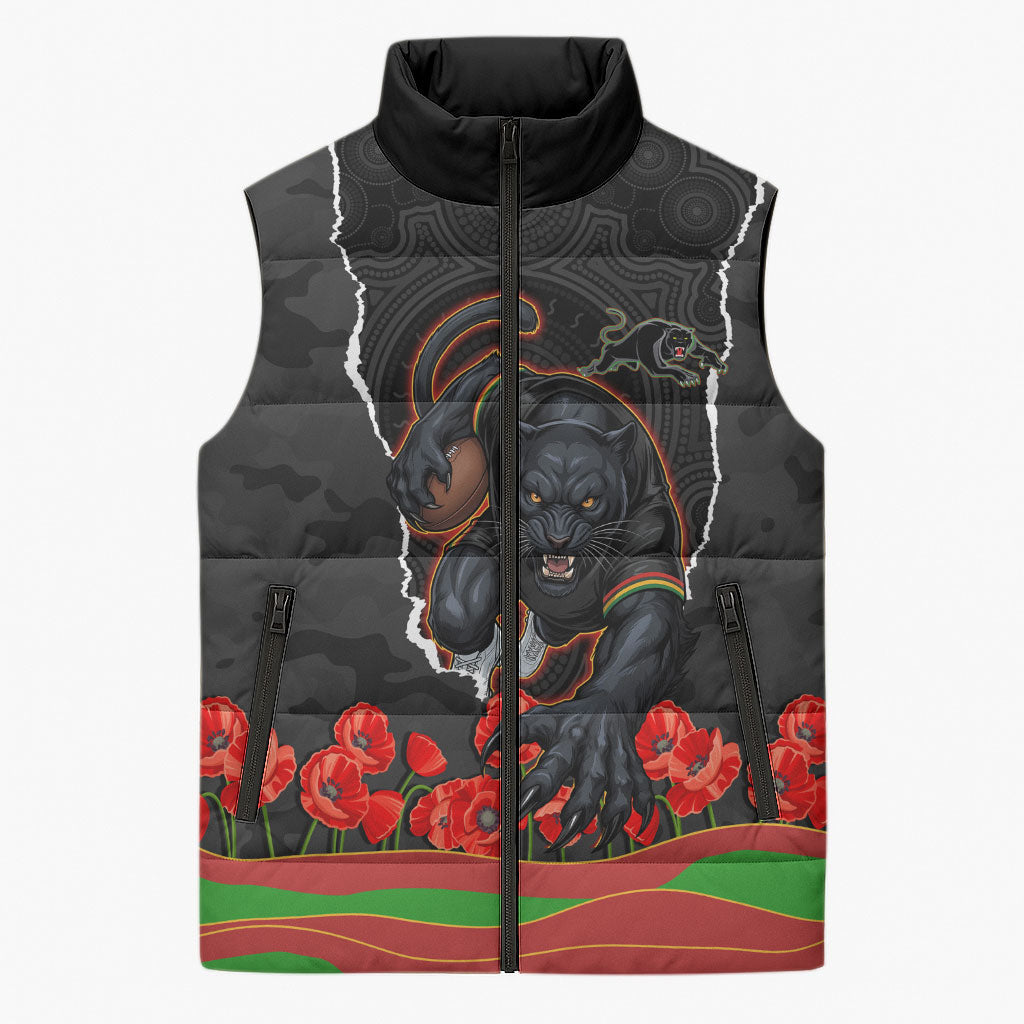 Personalized Penrith Panthers ANZAC Tribute Sleeveless Puffer Jacket Poppy Field Soldier Silhouette Aboriginal Rugby Mascot
