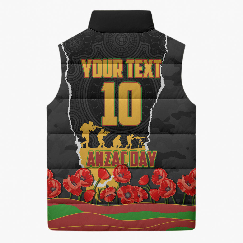Personalized Penrith Panthers ANZAC Tribute Sleeveless Puffer Jacket Poppy Field Soldier Silhouette Aboriginal Rugby Mascot