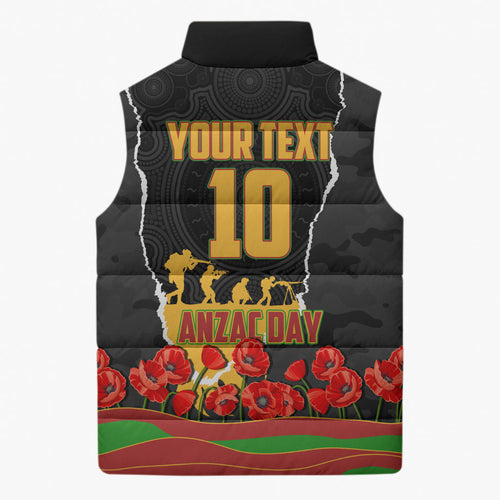 Personalized Penrith Panthers ANZAC Tribute Sleeveless Puffer Jacket Poppy Field Soldier Silhouette Aboriginal Rugby Mascot
