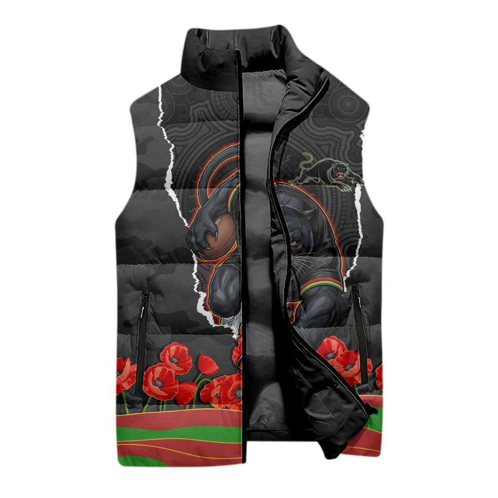 Personalized Penrith Panthers ANZAC Tribute Sleeveless Puffer Jacket Poppy Field Soldier Silhouette Aboriginal Rugby Mascot
