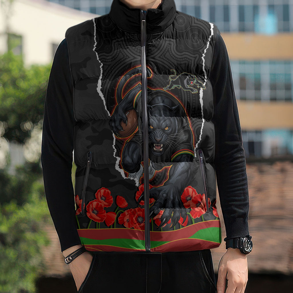 Personalized Penrith Panthers ANZAC Tribute Sleeveless Puffer Jacket Poppy Field Soldier Silhouette Aboriginal Rugby Mascot