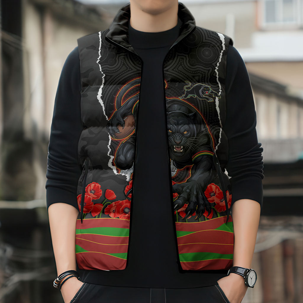 Personalized Penrith Panthers ANZAC Tribute Sleeveless Puffer Jacket Poppy Field Soldier Silhouette Aboriginal Rugby Mascot