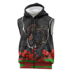 Personalized Penrith Panthers ANZAC Tribute Sleeveless Zip Hoodie Poppy Field Soldier Silhouette Aboriginal Rugby Mascot