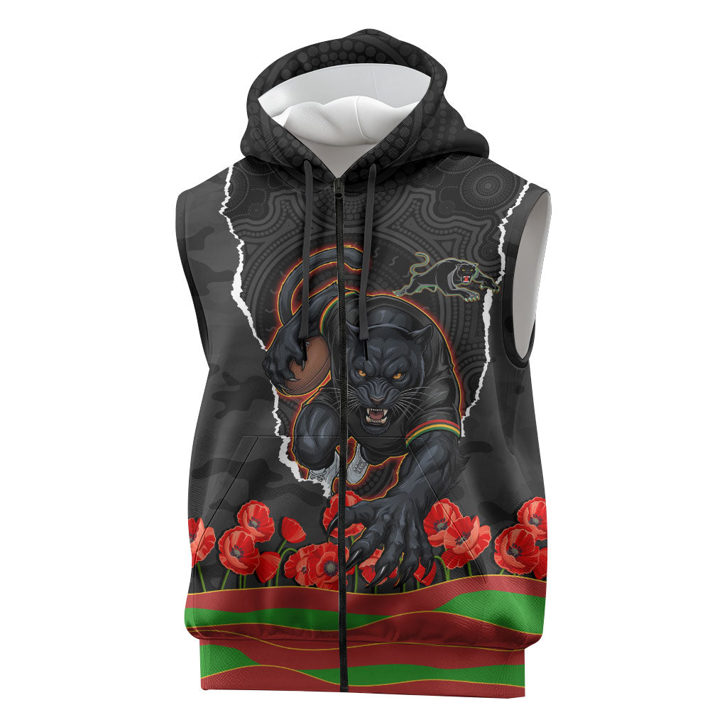Personalized Penrith Panthers ANZAC Tribute Sleeveless Zip Hoodie Poppy Field Soldier Silhouette Aboriginal Rugby Mascot