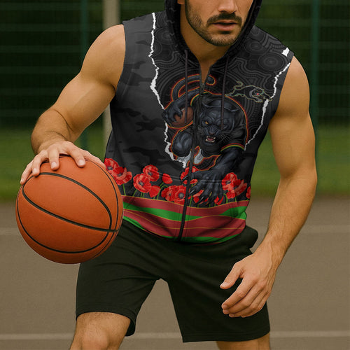Personalized Penrith Panthers ANZAC Tribute Sleeveless Zip Hoodie Poppy Field Soldier Silhouette Aboriginal Rugby Mascot
