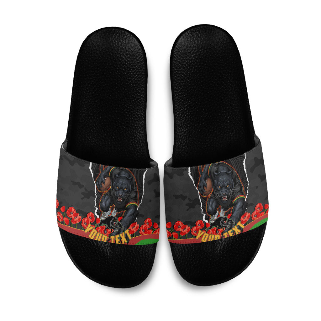 Personalized Penrith Panthers ANZAC Tribute Slide Sandals Poppy Field Soldier Silhouette Aboriginal Rugby Mascot