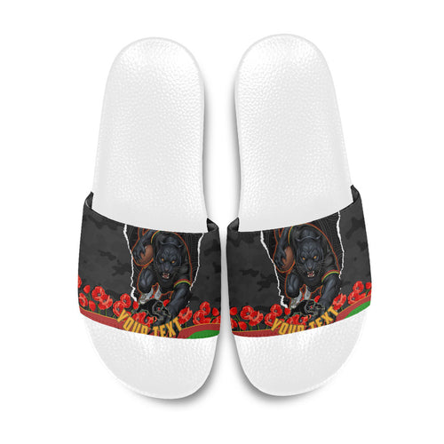 Personalized Penrith Panthers ANZAC Tribute Slide Sandals Poppy Field Soldier Silhouette Aboriginal Rugby Mascot