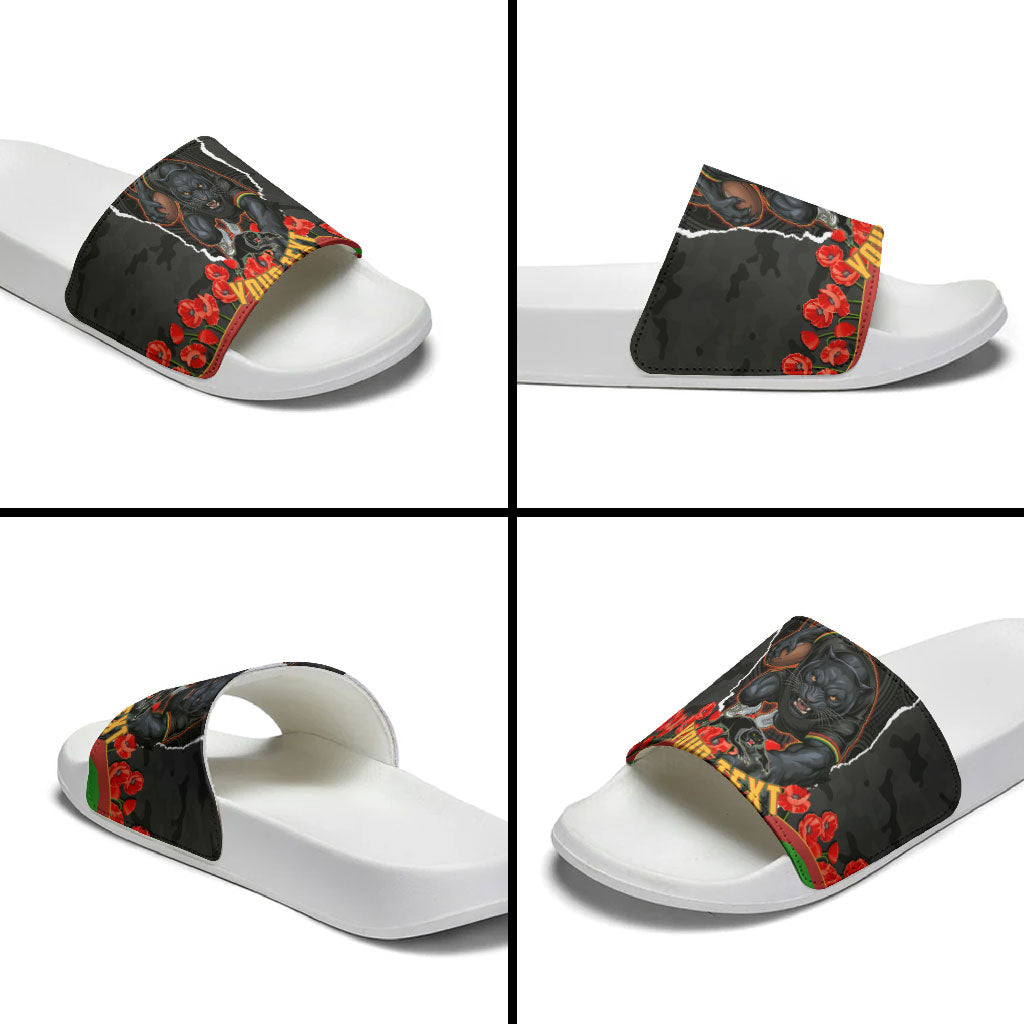 Personalized Penrith Panthers ANZAC Tribute Slide Sandals Poppy Field Soldier Silhouette Aboriginal Rugby Mascot