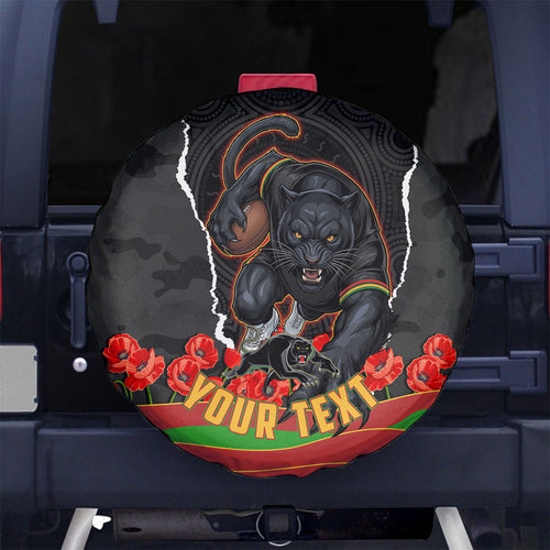 Personalized Penrith Panthers ANZAC Tribute Spare Tire Cover Poppy Field Soldier Silhouette Aboriginal Rugby Mascot