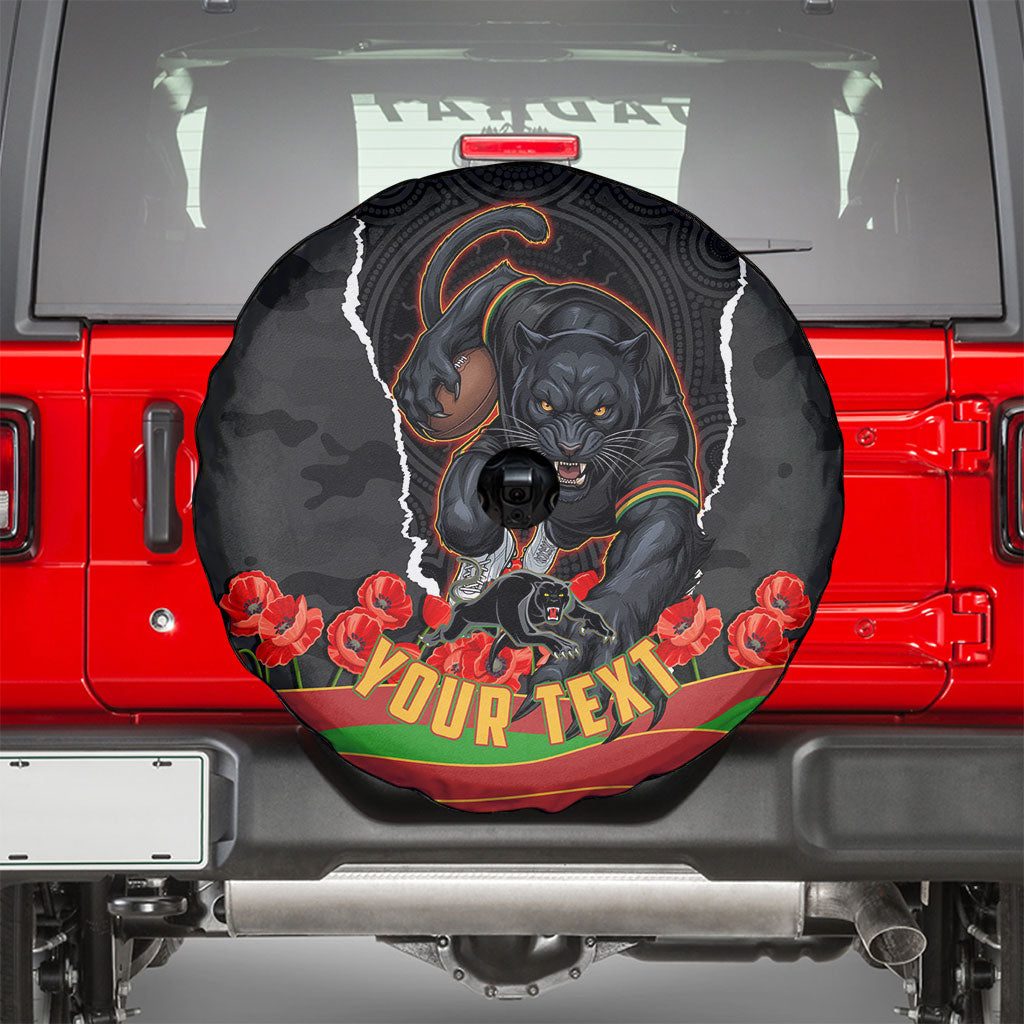 Personalized Penrith Panthers ANZAC Tribute Spare Tire Cover Poppy Field Soldier Silhouette Aboriginal Rugby Mascot