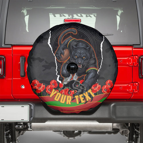 Personalized Penrith Panthers ANZAC Tribute Spare Tire Cover Poppy Field Soldier Silhouette Aboriginal Rugby Mascot