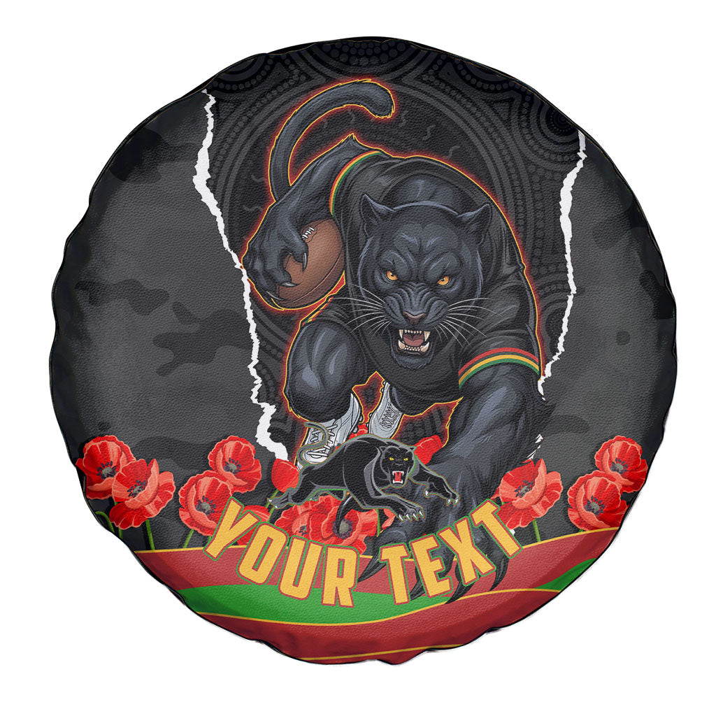 Personalized Penrith Panthers ANZAC Tribute Spare Tire Cover Poppy Field Soldier Silhouette Aboriginal Rugby Mascot