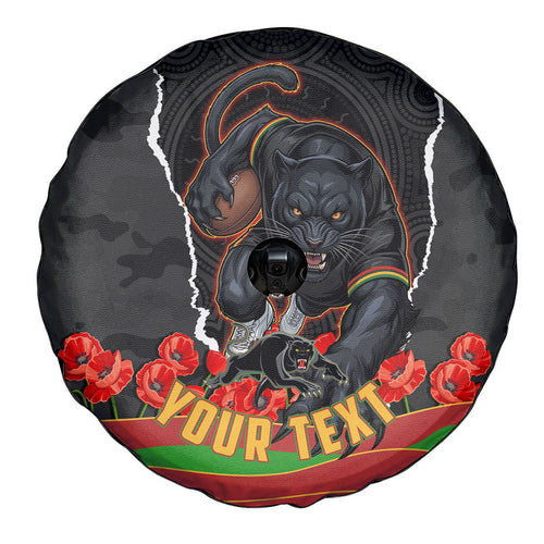 Personalized Penrith Panthers ANZAC Tribute Spare Tire Cover Poppy Field Soldier Silhouette Aboriginal Rugby Mascot