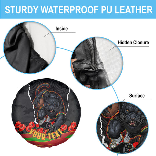 Personalized Penrith Panthers ANZAC Tribute Spare Tire Cover Poppy Field Soldier Silhouette Aboriginal Rugby Mascot