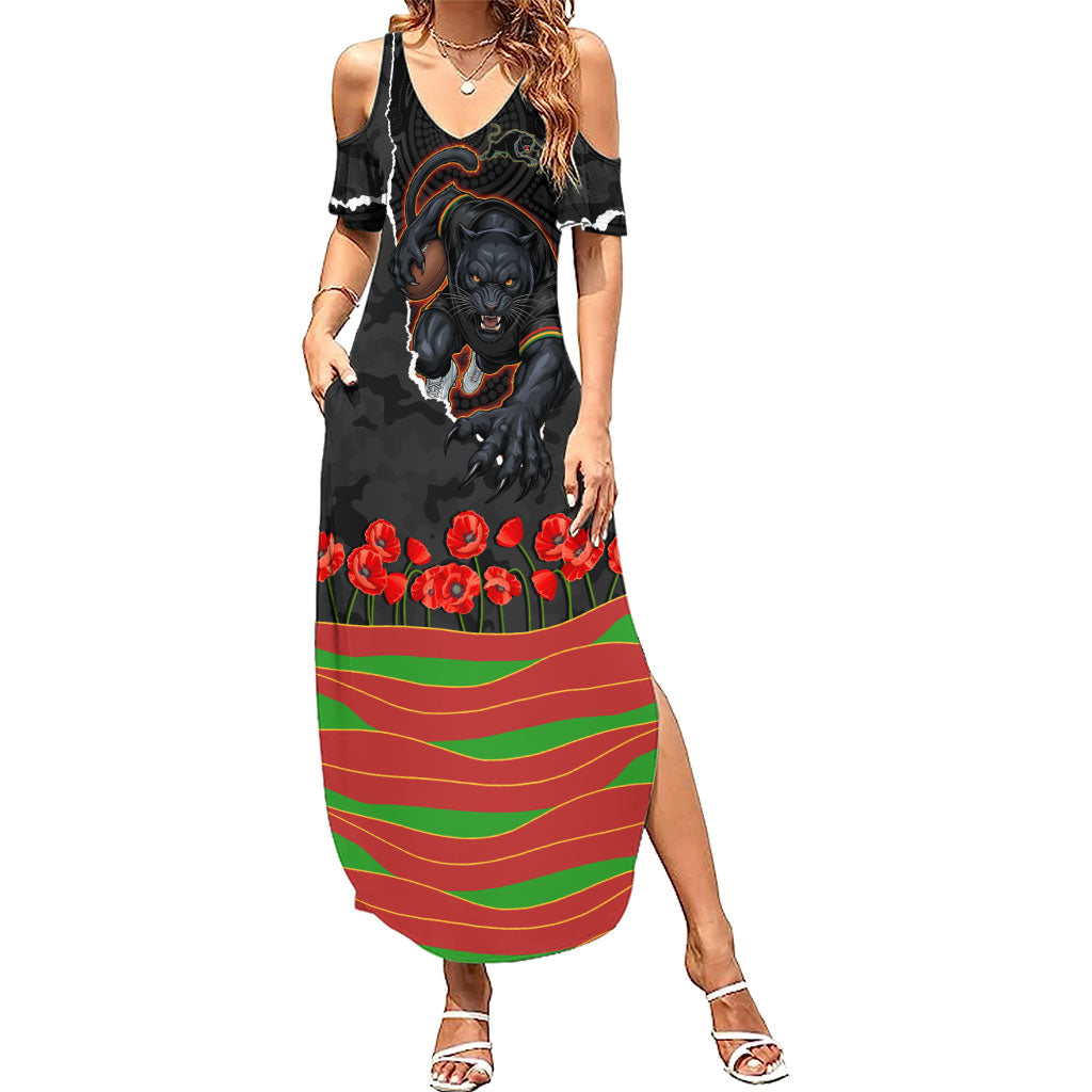 Personalized Penrith Panthers ANZAC Tribute Summer Maxi Dress Poppy Field Soldier Silhouette Aboriginal Rugby Mascot