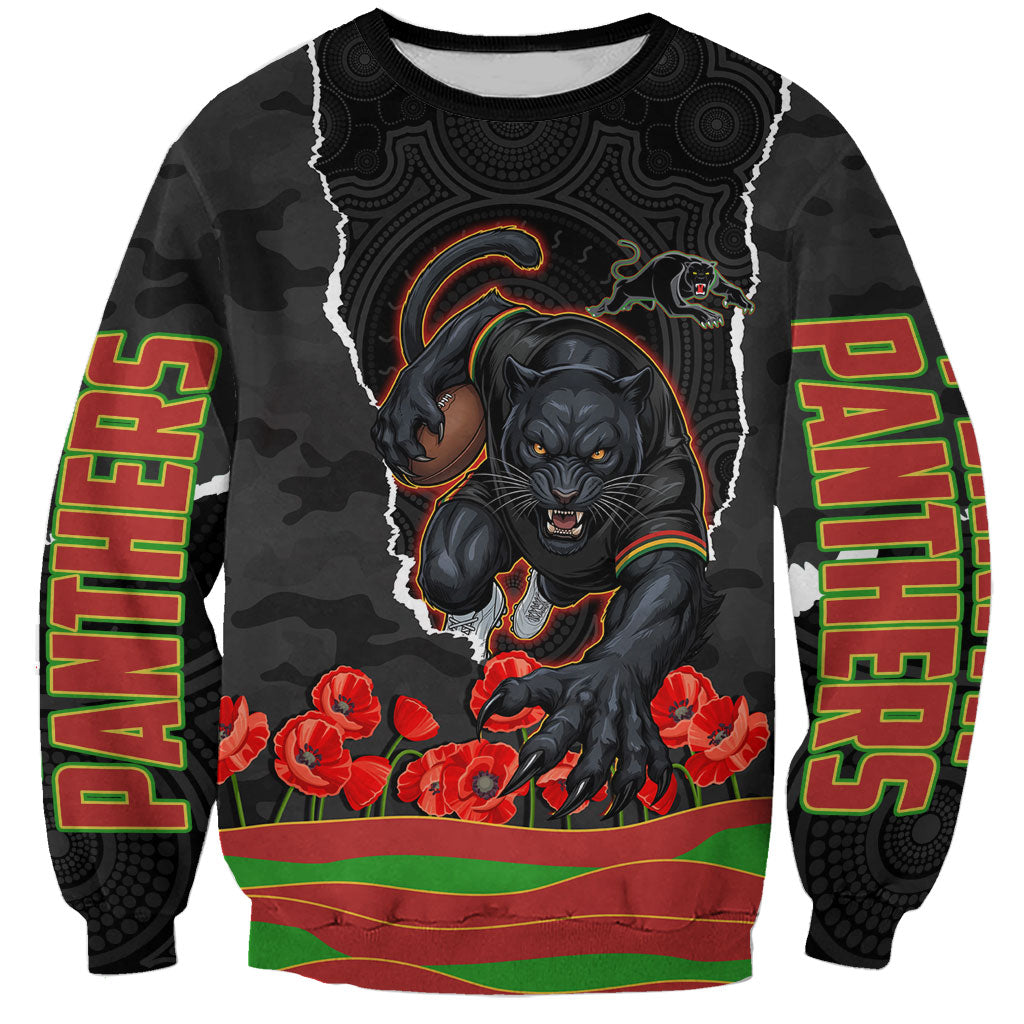 Personalized Penrith Panthers ANZAC Tribute Sweatshirt Poppy Field Soldier Silhouette Aboriginal Rugby Mascot