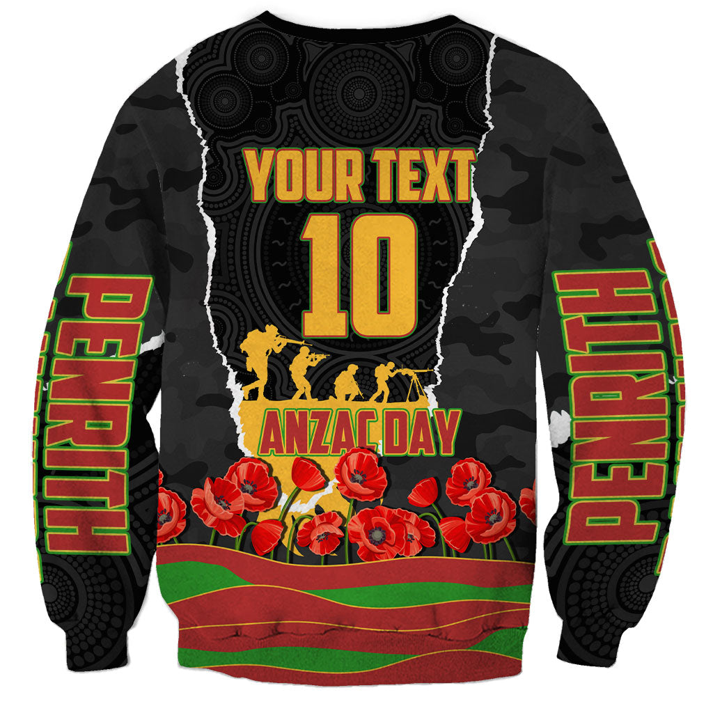 Personalized Penrith Panthers ANZAC Tribute Sweatshirt Poppy Field Soldier Silhouette Aboriginal Rugby Mascot