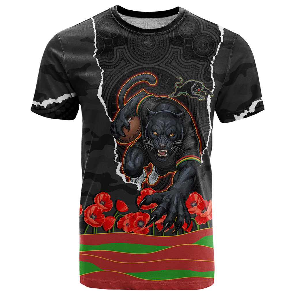 Personalized Penrith Panthers ANZAC Tribute T Shirt Poppy Field Soldier Silhouette Aboriginal Rugby Mascot