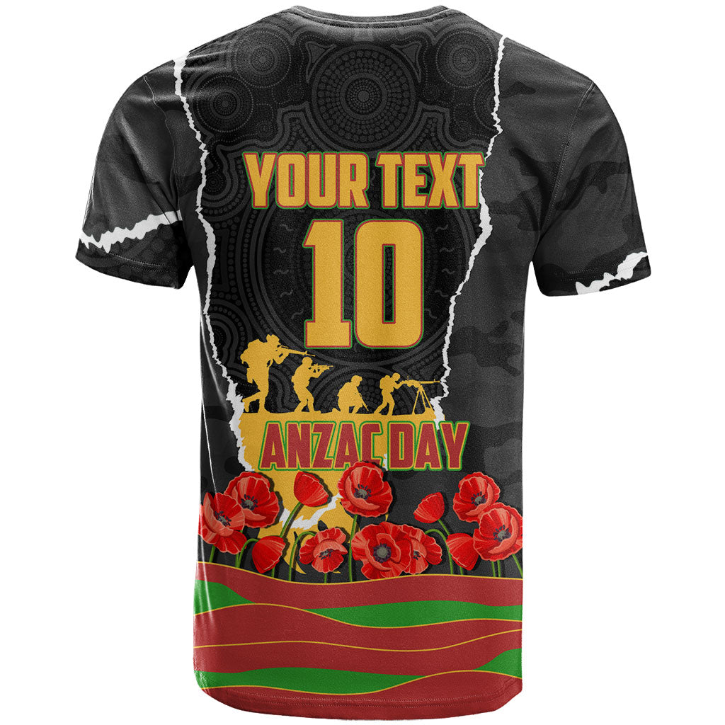 Personalized Penrith Panthers ANZAC Tribute T Shirt Poppy Field Soldier Silhouette Aboriginal Rugby Mascot