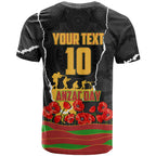 Personalized Penrith Panthers ANZAC Tribute T Shirt Poppy Field Soldier Silhouette Aboriginal Rugby Mascot