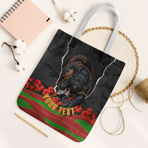 Personalized Penrith Panthers ANZAC Tribute Tote Bag Poppy Field Soldier Silhouette Aboriginal Rugby Mascot