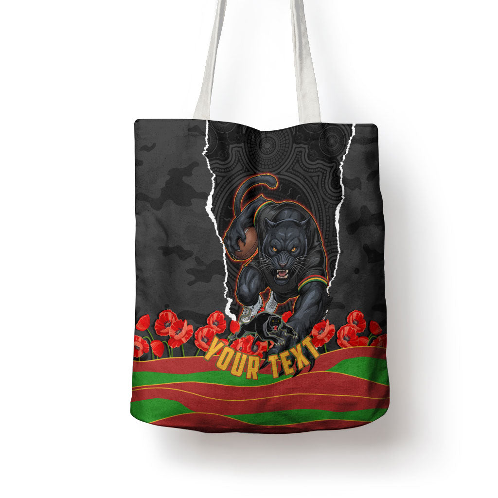 Personalized Penrith Panthers ANZAC Tribute Tote Bag Poppy Field Soldier Silhouette Aboriginal Rugby Mascot
