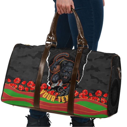 Personalized Penrith Panthers ANZAC Tribute Travel Bag Poppy Field Soldier Silhouette Aboriginal Rugby Mascot